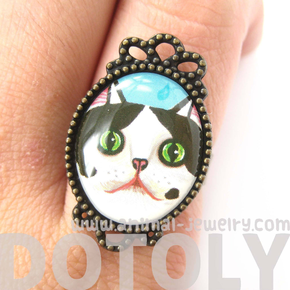 Black and White Bicolor Kitty Cat Illustrated Adjustable Ring | Animal Jewelry | DOTOLY