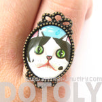 Black and White Bicolor Kitty Cat Illustrated Adjustable Ring | Animal Jewelry | DOTOLY