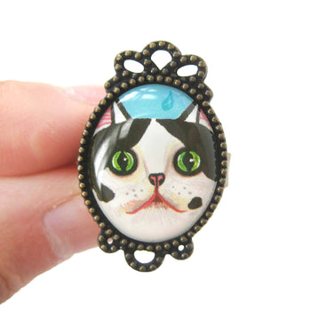 Black and White Bicolor Kitty Cat Illustrated Adjustable Ring | Animal Jewelry | DOTOLY
