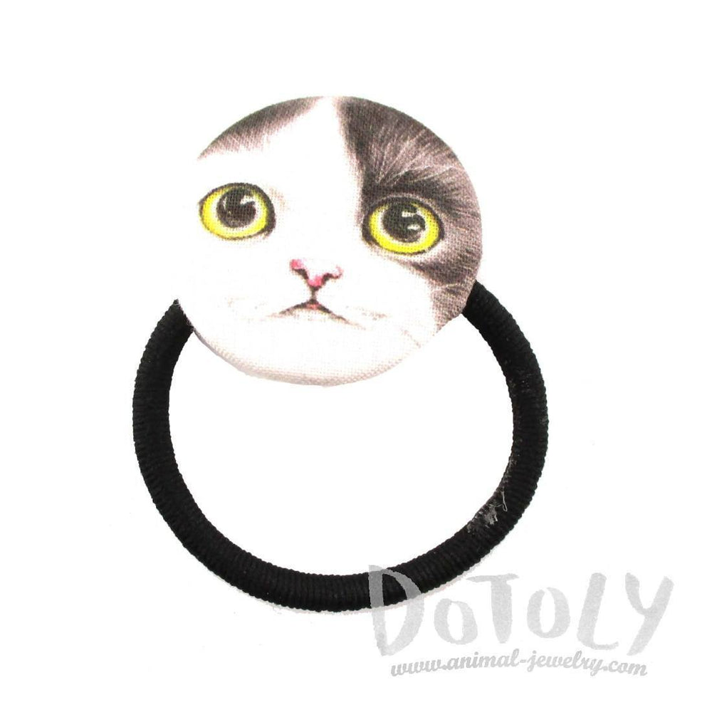 Black and White Kitty Cat Face Shaped Button Hair Tie Ponytail Holder