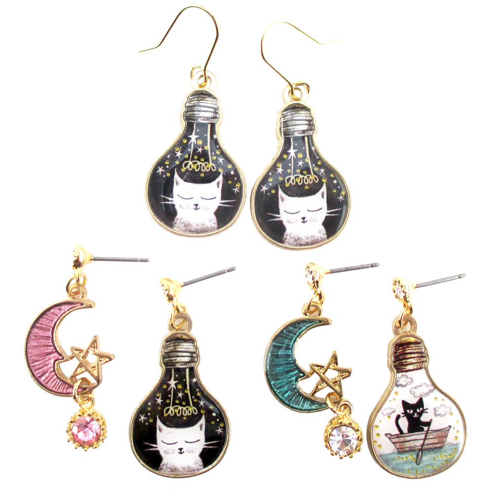 Kitty Cat Crescent Moon Star Space Cat Light Bulb Shaped Stud Earrings