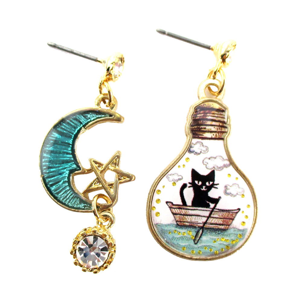 Black Kitty Cat on a Sailboat Crescent Moon Star SLight Bulb Shaped Stud Earrings