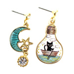 Black Kitty Cat on a Sailboat Crescent Moon Star SLight Bulb Shaped Stud Earrings
