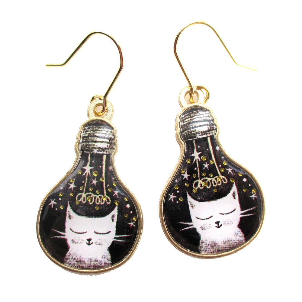 Kitty Cat Star Space Cat Light Bulb Shaped Stud Earrings