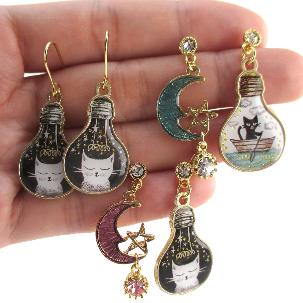 Kitty Cat Crescent Moon Star Space Cat Light Bulb Shaped Stud Earrings | DOTOLY