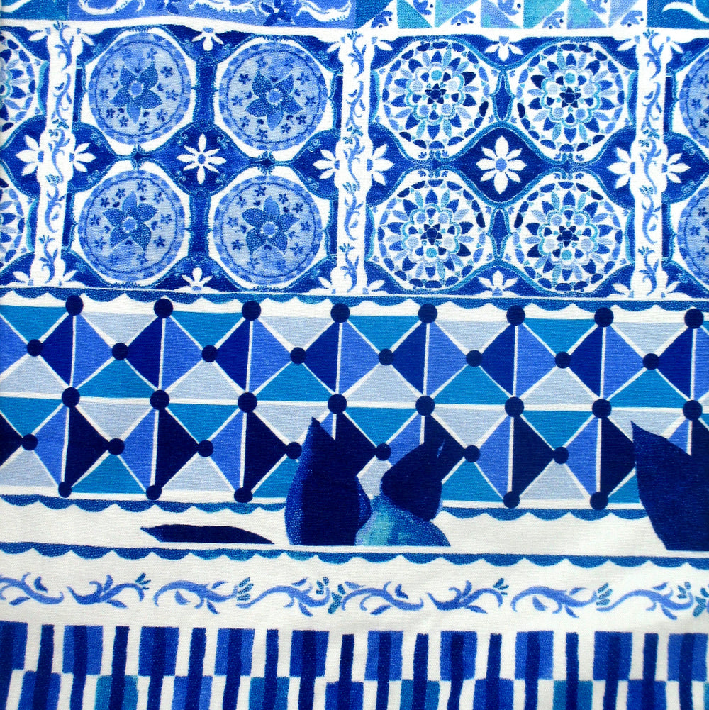 Blue Floral Mosaic Print Large Carry All Canvas Market Shopper Tote Bag