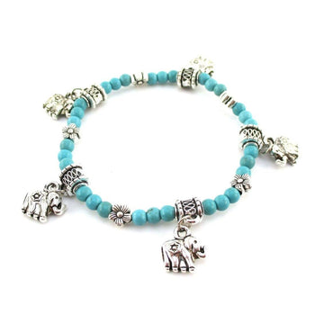 Boho Chic Turquoise Beaded Elephant Floral Charm Stretchy Bracelet