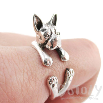 Boston Terrier Dog Shaped Animal Wrap Ring in 925 Sterling Silver | US Sizes 5 - 8.5 | DOTOLY