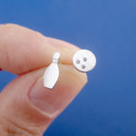 Bowling League Themed Bowling Pin and Ball Shaped Small Stud Earrings in Silver