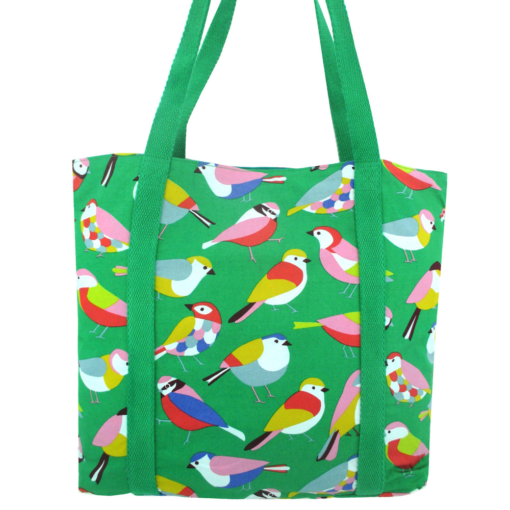 Colorful Birds and Flower Print Large Utility Zip Closure Market Tote Bag