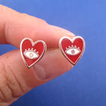 Bright Red Heart Shaped Evil Eye 925 Sterling Silver Stud Earrings in Rose Gold