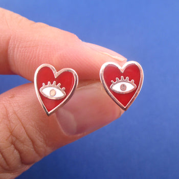 Bright Red Heart Shaped Evil Eye 925 Sterling Silver Stud Earrings in Rose Gold