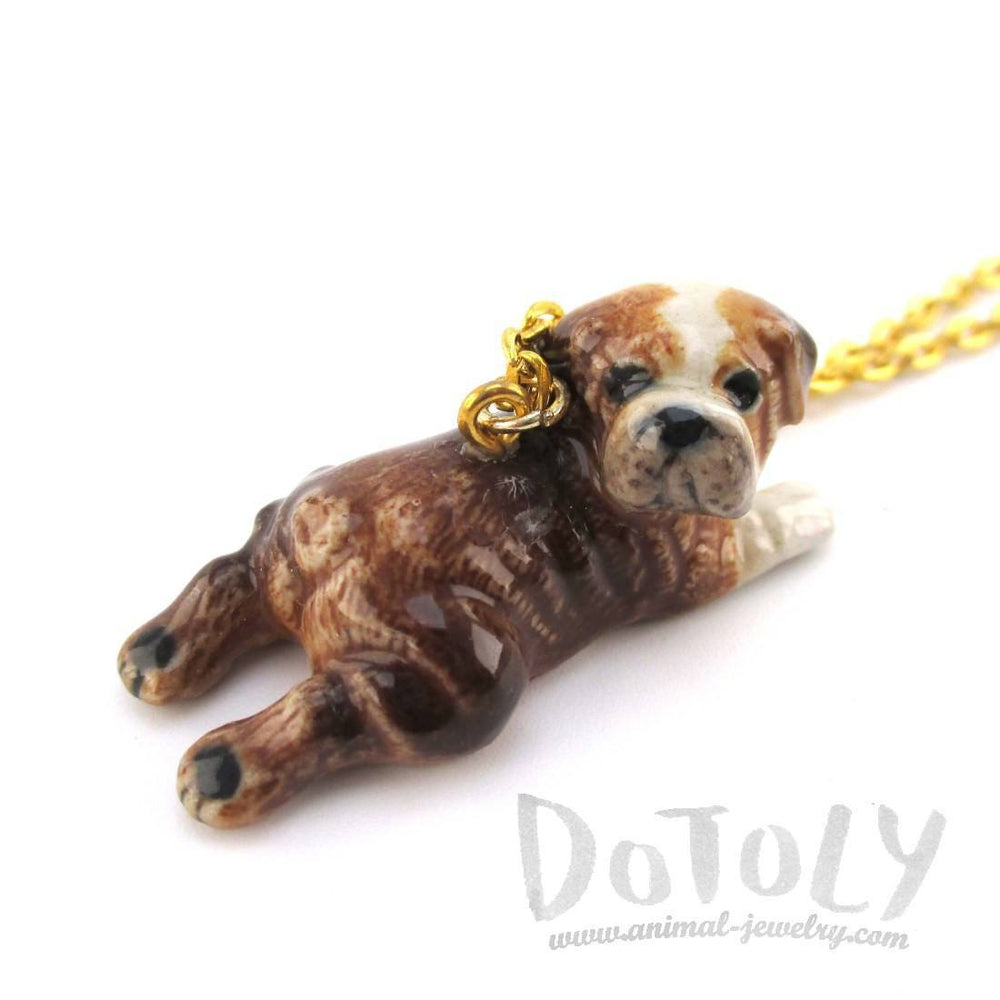 British Bulldog Puppy Dog Porcelain Ceramic Animal Pendant Necklace