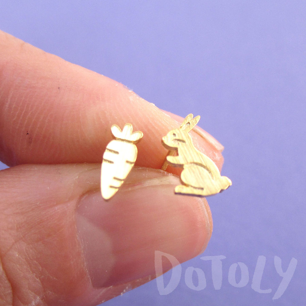 Bunny and Carrot Shaped Allergy Free Stud Earrings in Gold | DOTOLY