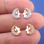 Bunny Rabbits on A Crescent Moon Shaped Sterling Silver Stud Earrings