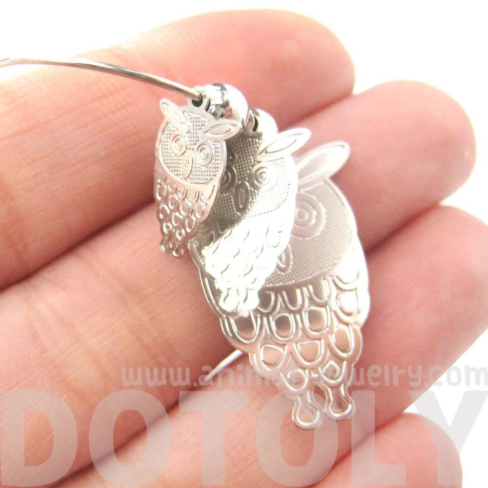 Cartoon Owl Shaped Dangle Hoop Earrings in Silver | Animal Jewelry | DOTOLY