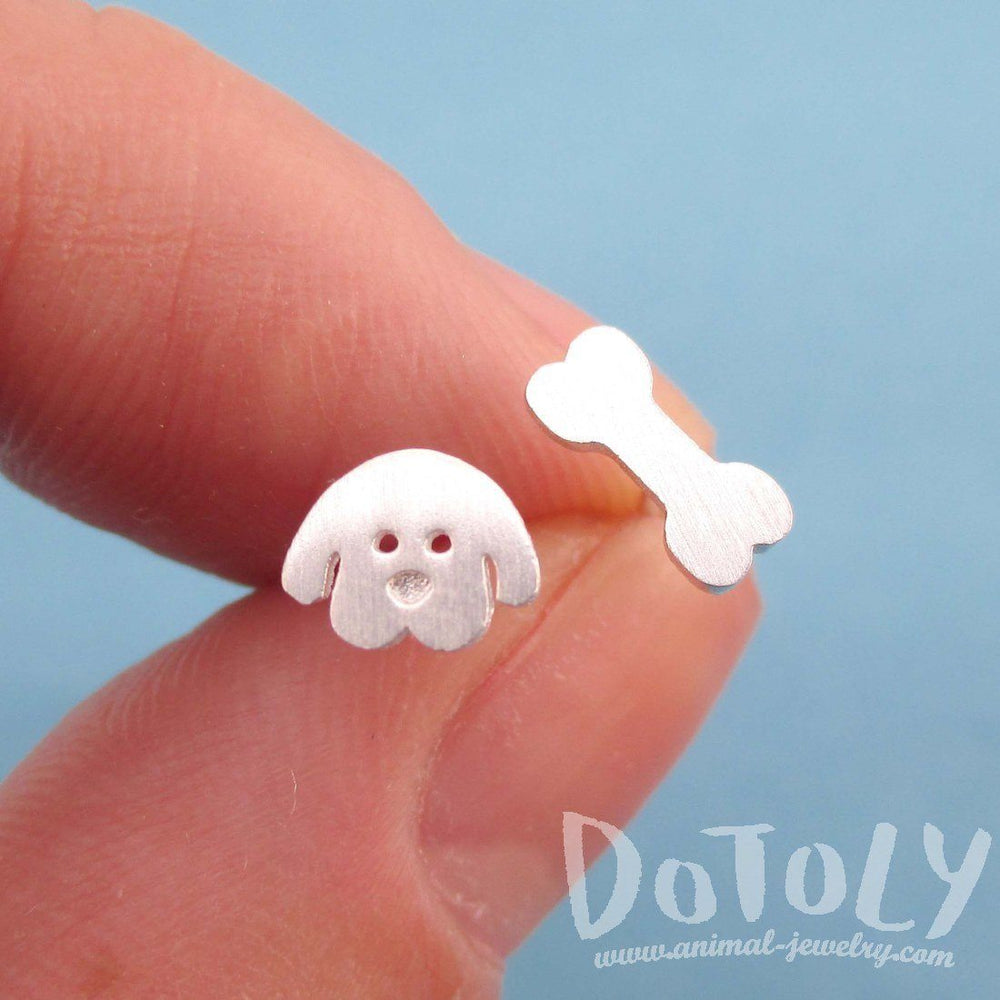Cartoon Puppy Dog Face and Bone Shaped Stud Earrings in Silver | DOTOLY | DOTOLY
