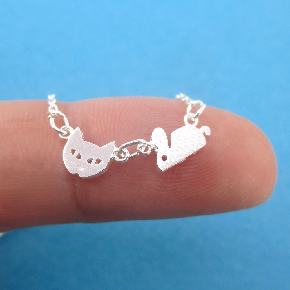 Cat and Mouse Shaped Charm Necklace in Gold or Silver for Cat Lovers