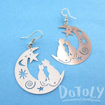 Cats on a Crescent Moon Cut Out Silhouette Shaped Dangle Earrings in Silver | Animal Jewelry | DOTOLY