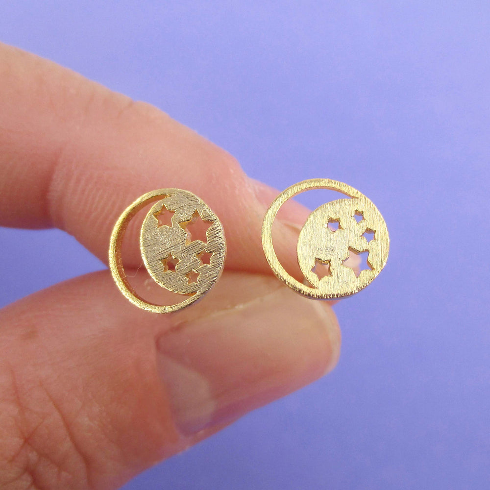 Celestial Crescent Moon and Stars Cut Out Shaped Stud Earrings in Gold