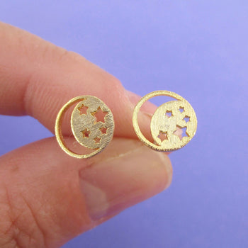 Celestial Crescent Moon and Stars Cut Out Shaped Stud Earrings in Gold
