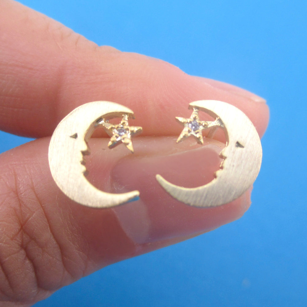 Celestial Sleepy Crescent Moon and Star Shaped Sterling Silver Stud Earrings