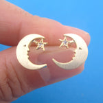 Celestial Sleepy Crescent Moon and Star Shaped Sterling Silver Stud Earrings