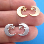 Celestial Sleepy Crescent Moon and Star Shaped Sterling Silver Stud Earrings