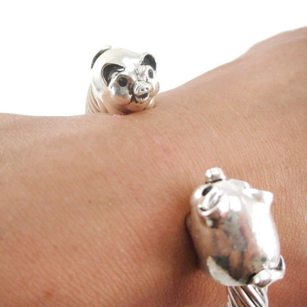 Chubby Piglet Pig Shaped Bangle Bracelet in Silver | DOTOLY