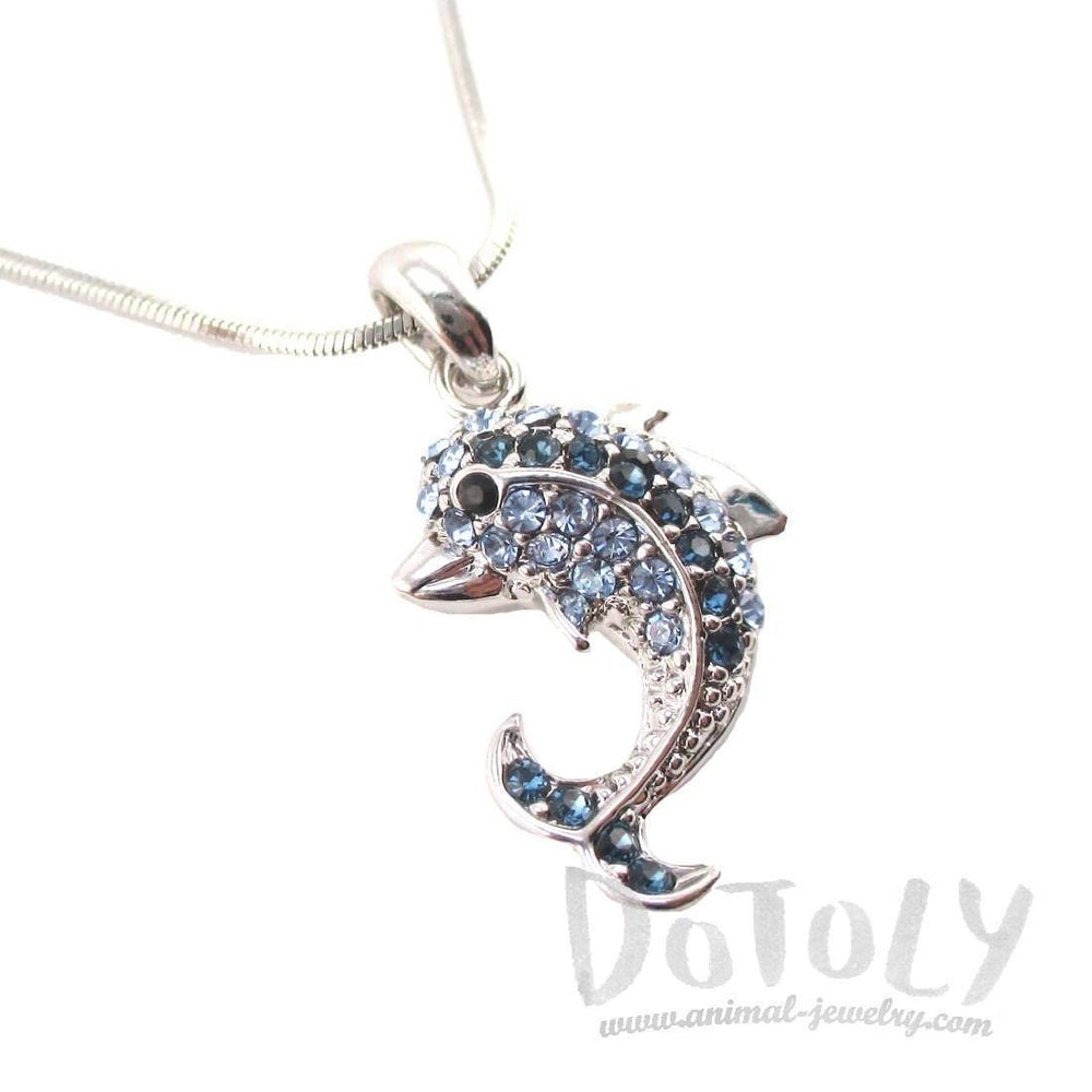 Classic Dolphin Shaped Pendant Necklace in Silver with Blue Rhinestones