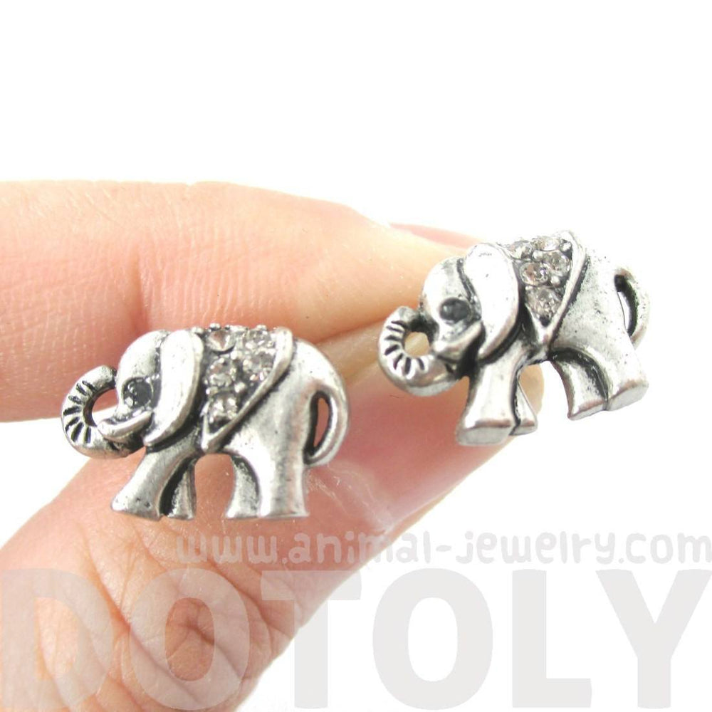 Classic Elephant Shaped Stud Earrings in Silver with Rhinestones | Animal Jewelry | DOTOLY