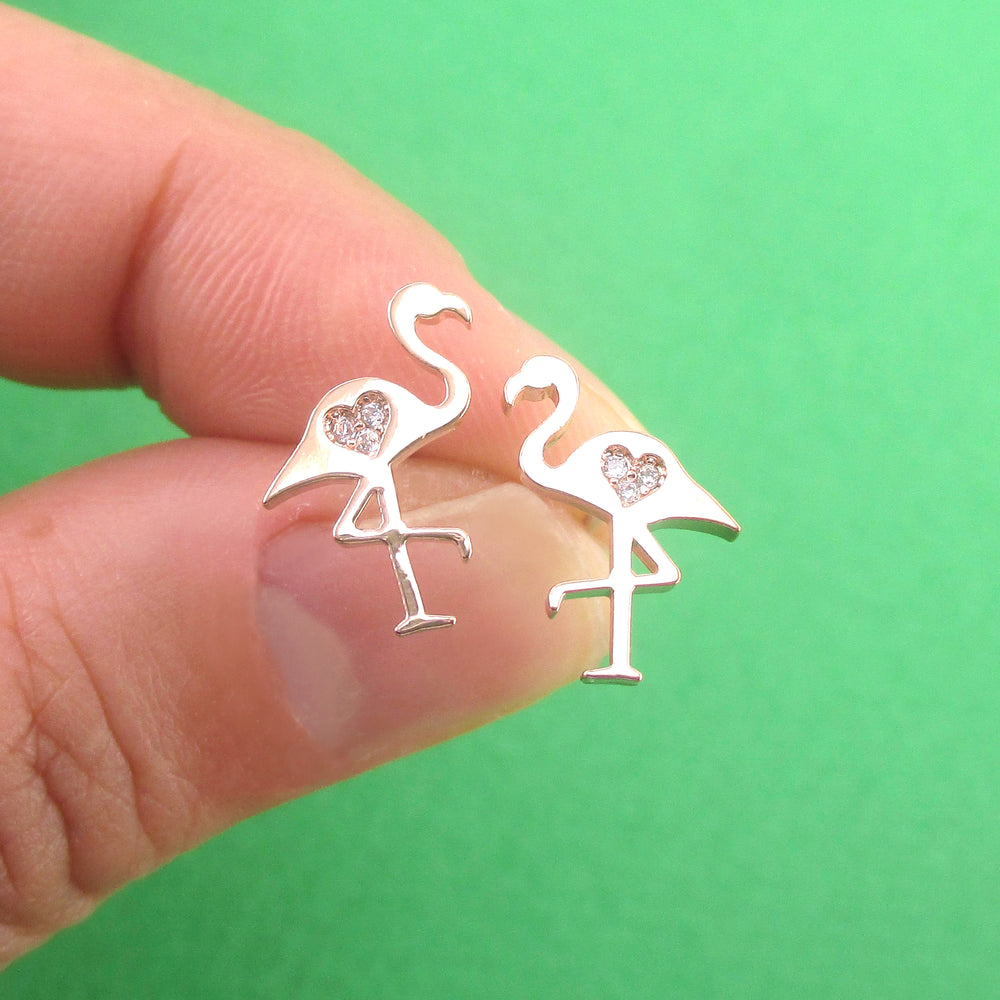 Classic Flamingo Silhouette Bird Shaped Sterling Silver Stud Earrings