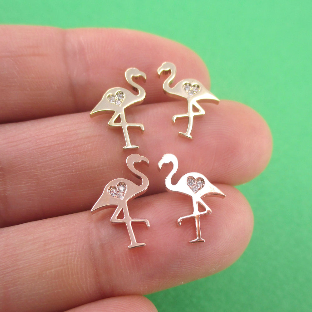 Classic Flamingo Silhouette Bird Shaped Sterling Silver Stud Earrings