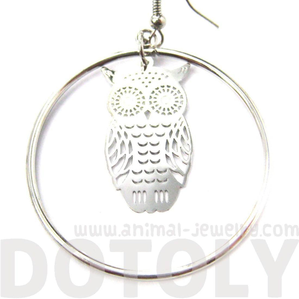 Owl Silhouette Shaped Dangle Hoop Earrings in Silver | Animal Jewelry