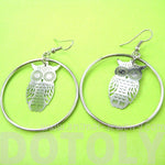 Owl Silhouette Shaped Dangle Hoop Earrings in Silver | Animal Jewelry