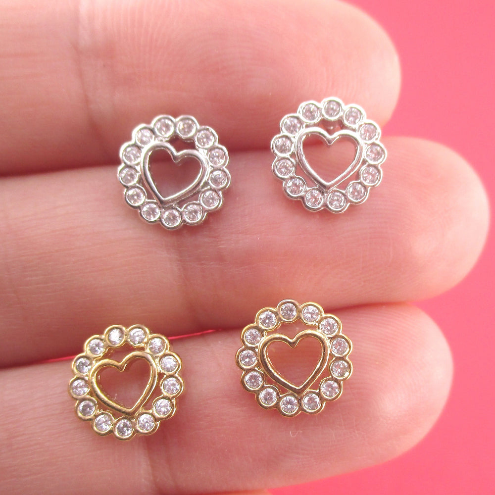 Classic Round Heart Shaped Stud Earrings Surrounded by Rhinestones