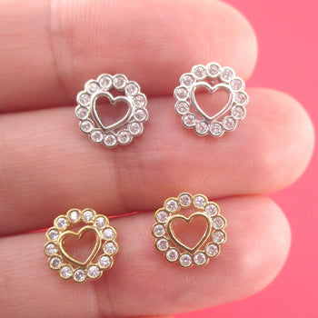 Classic Round Heart Shaped Stud Earrings Surrounded by Rhinestones