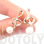 Treble Clef Music Note Shaped Stud Earrings in Gold with Pearl Detail