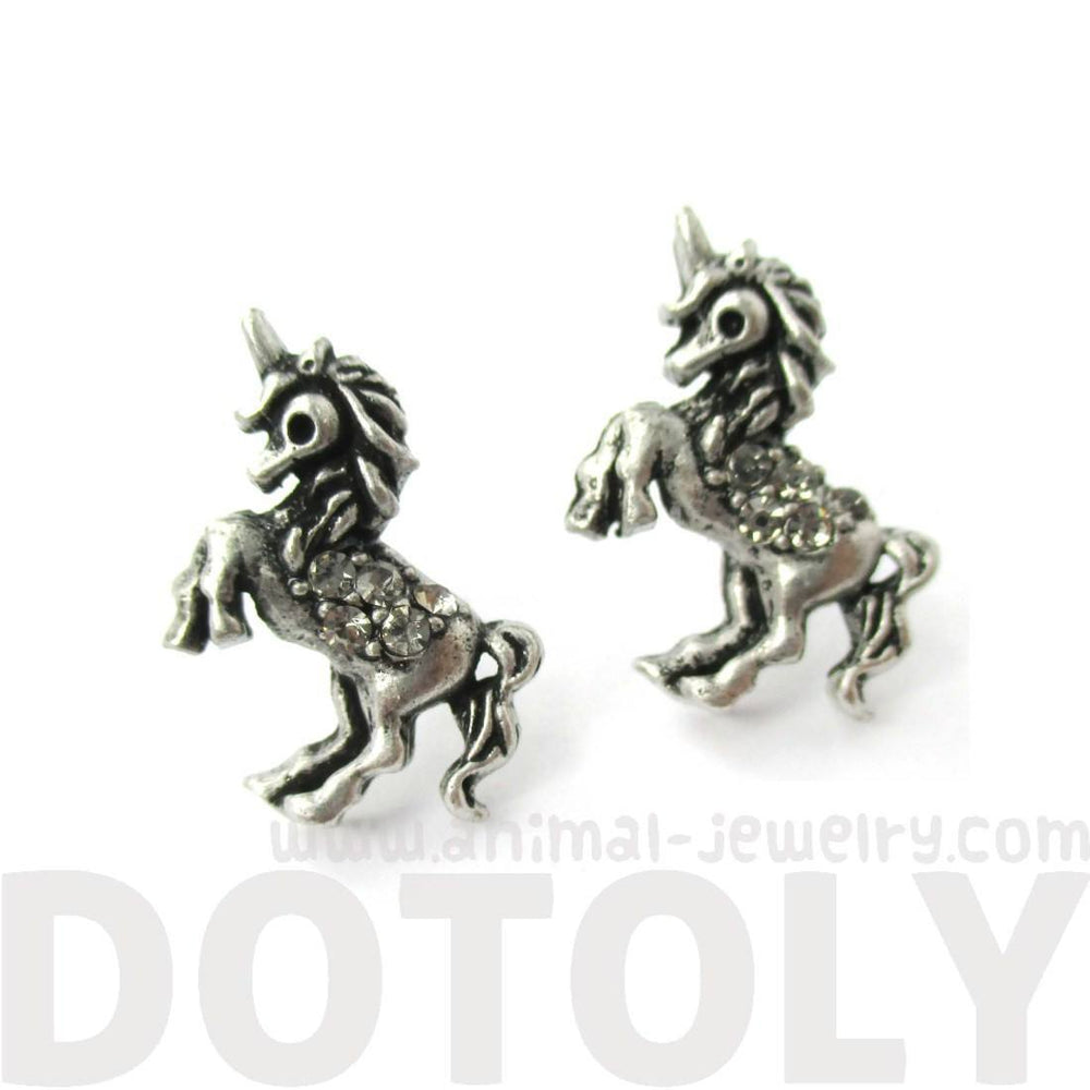 Classic Unicorn Horse Shaped Stud Earrings in Silver with Rhinestones