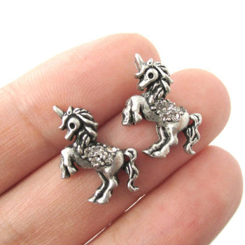 Classic Unicorn Horse Shaped Stud Earrings in Silver with Rhinestones