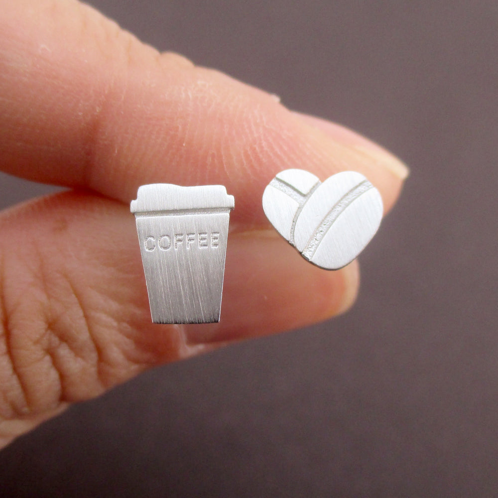 Caffeine Coffee Cup and Coffee Beans Shaped Allergy Free Stud Earrings in Silver