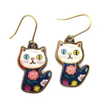Colorful Floral Print Kitty Cat Cartoon Shaped Dangle Earrings