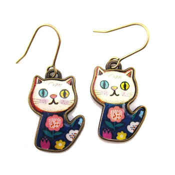 Colorful Floral Print Kitty Cat Cartoon Shaped Dangle Earrings