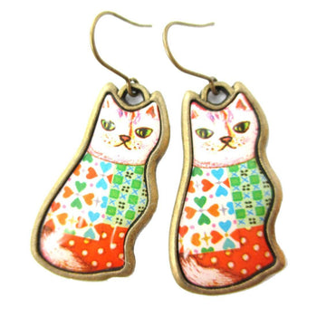 Colorful Illustrated Kitty Cat Animal Dangle Earrings in Orange Green