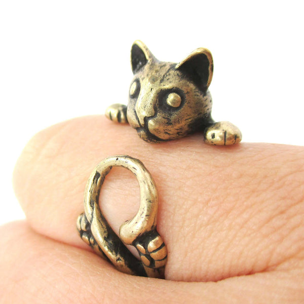 Creepy Kitty Cat Shaped Animal Wrap Around Ring in Brass DOTOLY