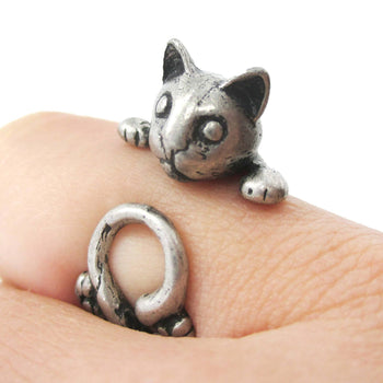 Creepy Kitty Cat Shaped Animal Wrap Around Ring in Silver | DOTOLY