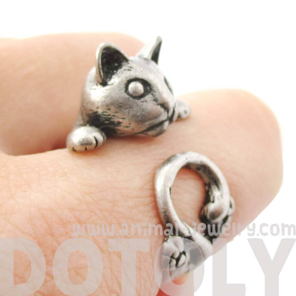 Creepy Kitty Cat Shaped Animal Wrap Around Ring in Silver | DOTOLY