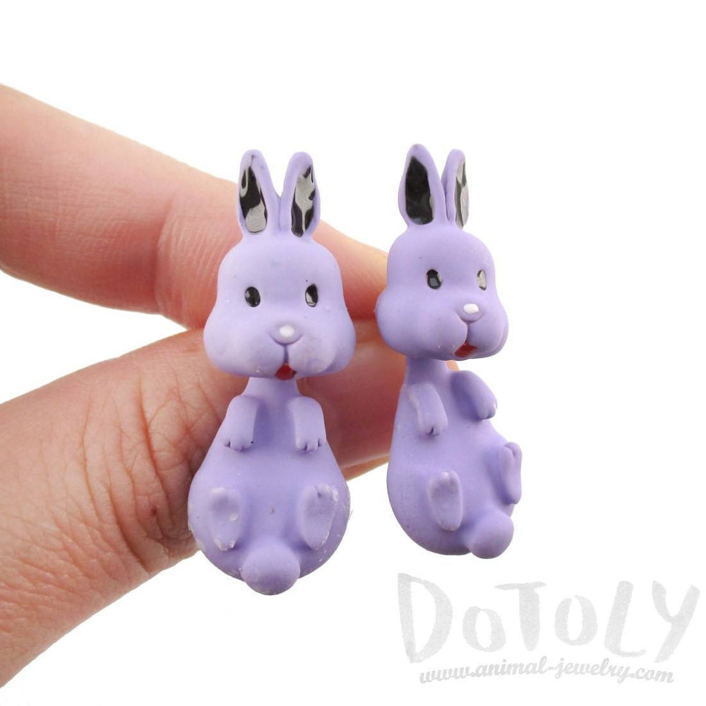 3D Bunny Rabbit Shaped Two Part Stud Earrings in Purple