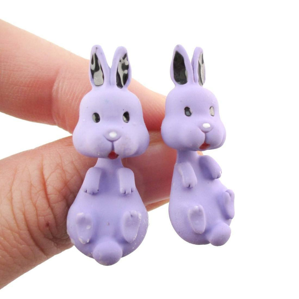 3D Bunny Rabbit Shaped Two Part Stud Earrings in Purple