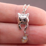 Cute Dangling Kitty Cat and Tiny Fish Shaped Charm Necklace